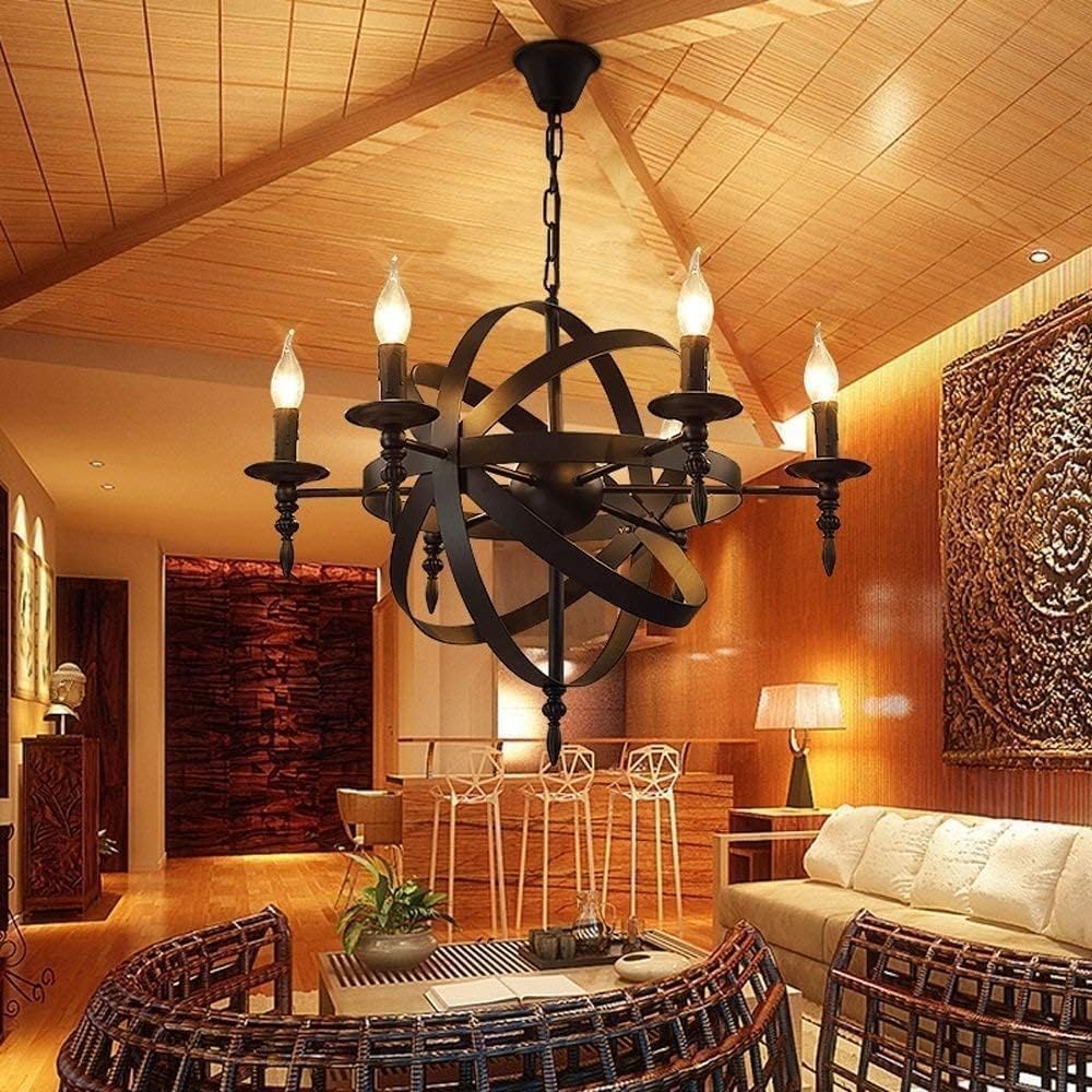 Black Metal Chandelier 6 Lights E14 Wrought Iron Pendant Light Castle Style Medieval Ceiling Light Fixture Round Candle Hanging Light,Chandeliers