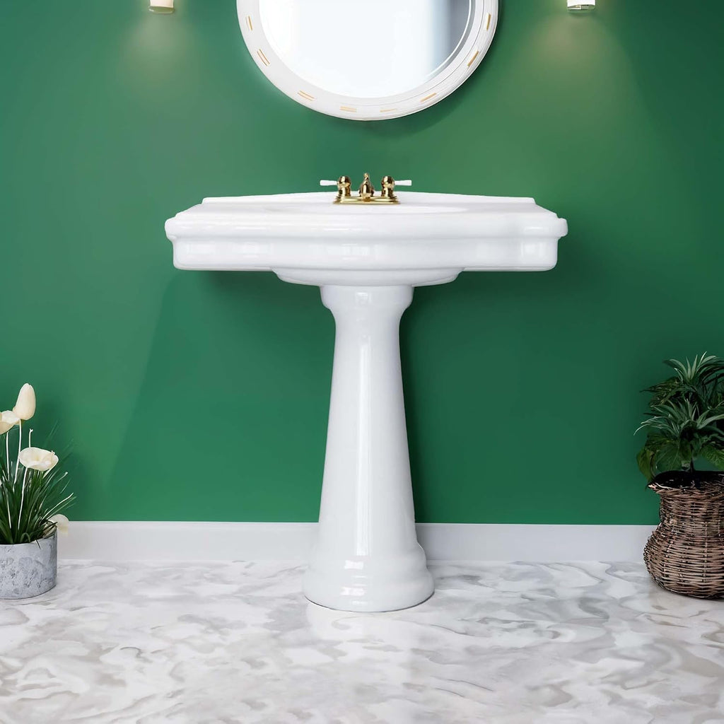 Renovators Supply Manufacturing Darbyshire 34'W x 22.5' D x 32' H Large Bathroom Pedestal Sink. Vitreous China with Overflow, 4 in. Centerset Faucets