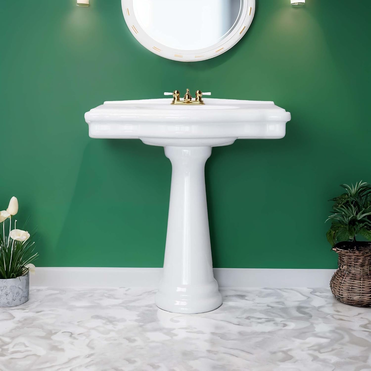 Renovators Supply Manufacturing Darbyshire 34'W x 22.5' D x 32' H Large Bathroom Pedestal Sink. Vitreous China with Overflow, 4 in. Centerset Faucets