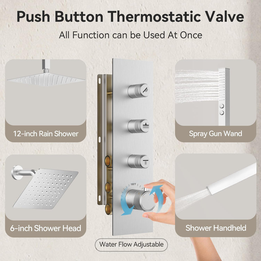 Shower Faucet Set,Thermostatic Shower System,12 Inch Ceiling Mounted and 6 Inch Wall Mount Rain Shower Head with 2 in 1 Handhled,High Pressure Dual Shower Head Combo Set