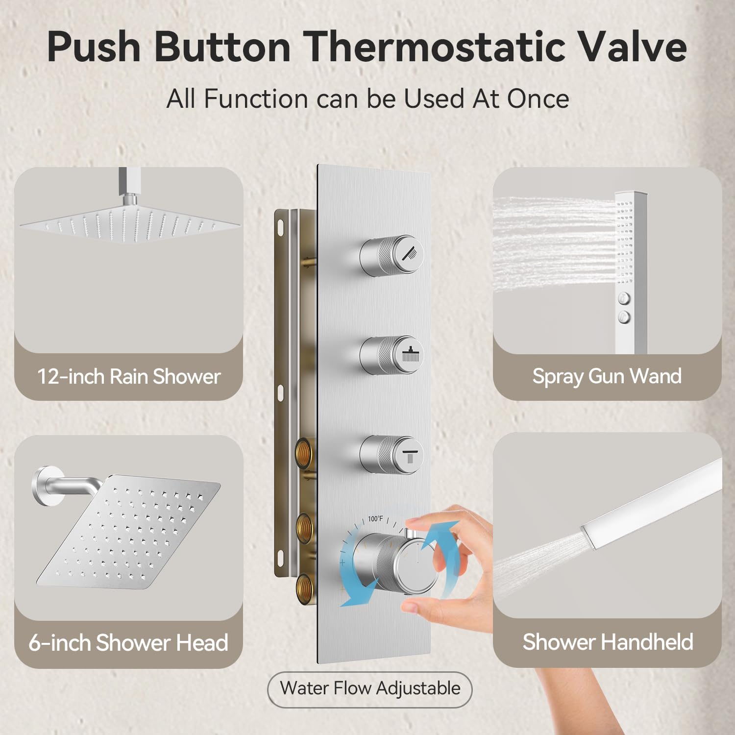 Shower Faucet Set,Thermostatic Shower System,12 Inch Ceiling Mounted and 6 Inch Wall Mount Rain Shower Head with 2 in 1 Handhled,High Pressure Dual Shower Head Combo Set