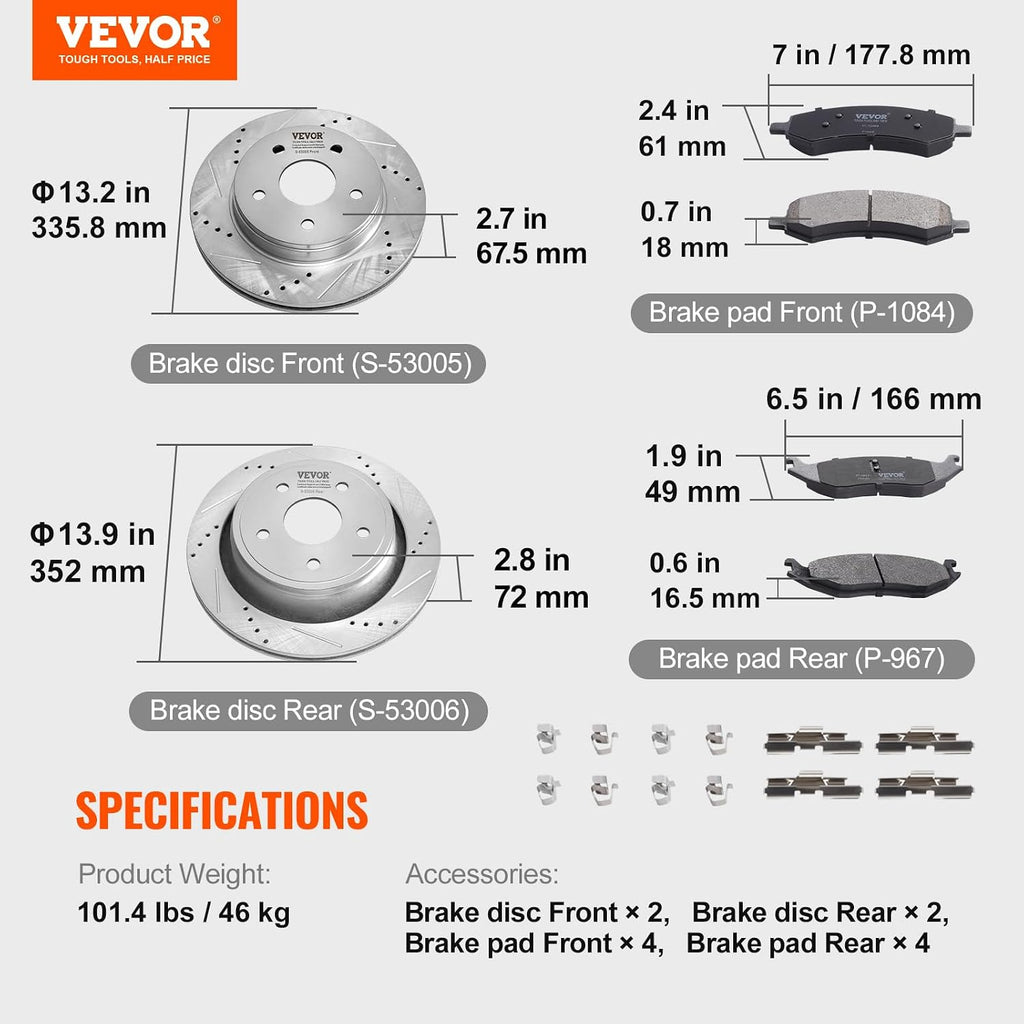 VEVOR Front and Rear Brake Kit for 06-2018 Dodge Ram 1500, 07-2009 Dodge Durango Chrysler Aspen, Drilled and Slotted Brake Rotors Ceramic Brake Pads Replacement, 13.2' Front Rotors 13.9' Rear Rotors