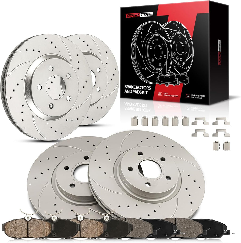 Torchbeam Front & Rear Brake Kit for Mustang Ford 2005 2006 2007 2008 2009 2010 4.6L,Drilled Slotted Brake Rotors and Pads Kits