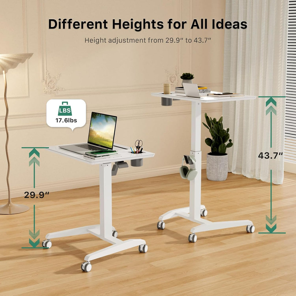 Gibbon Mounts Glass Mobile Standing Desk, Height Adjustable Rolling Laptop Table, 27 inches Portable Sit Stand Desk with Wheels and Hook, Pneumatic Computer Workstation, White