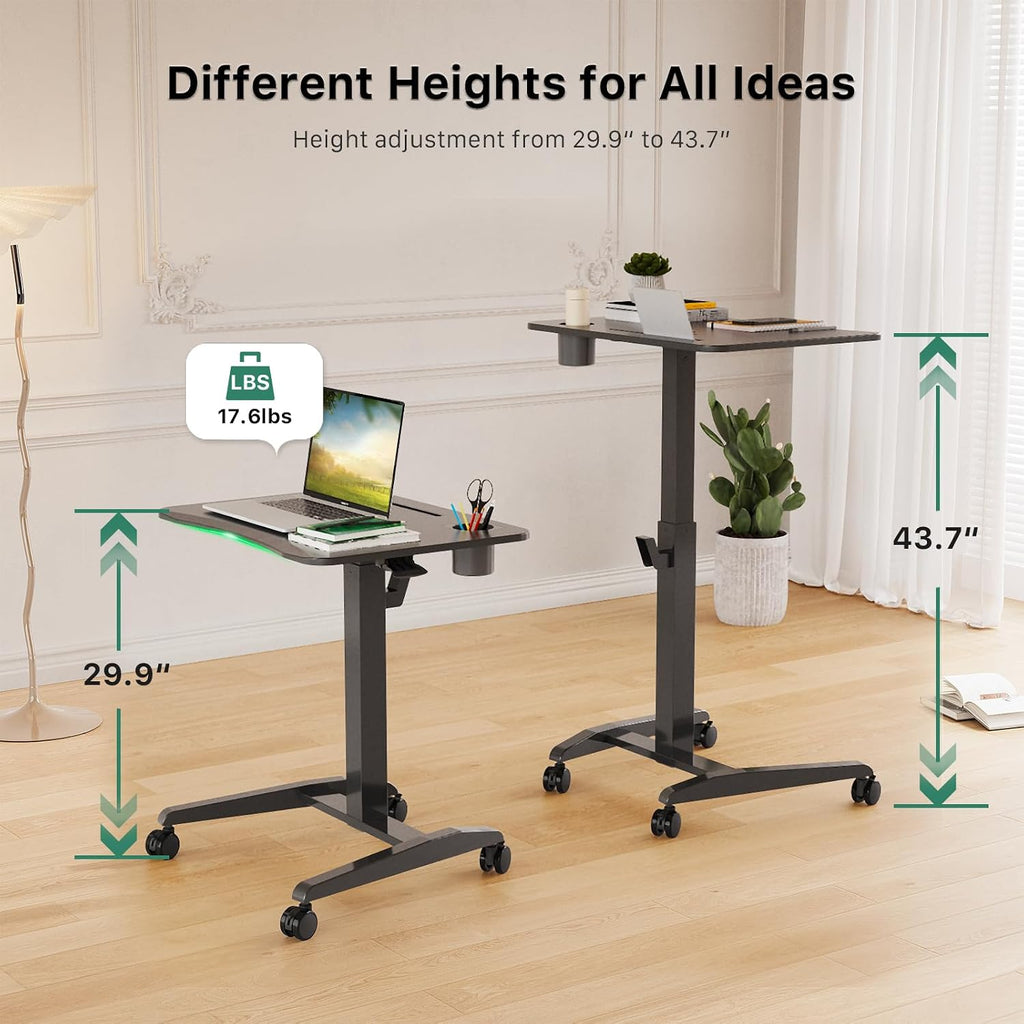 Gibbon Mounts Mobile Standing Desk, Height Adjustable Rolling Laptop Desk with Cup Holder, 27 inches Portable Sit Stand Desk with Wheels and Hook, Pneumatic Computer Table, Black