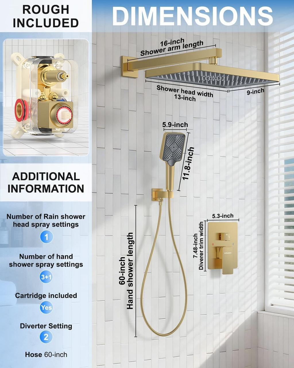 Shower System 13-Inch Rainfall Shower Head - 3 Setting Handheld Sprayer, Complete Bathroom Set with Faucet Mixer Trim Kit & Valve Brushed Gold