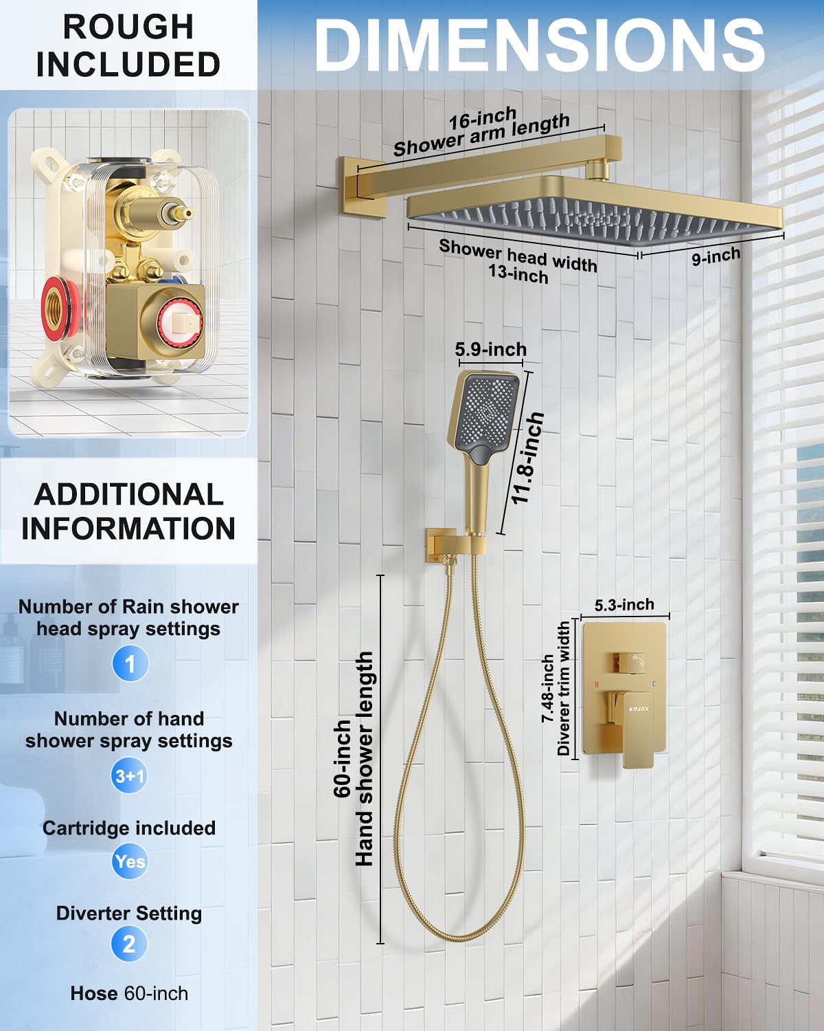 Shower System 13-Inch Rainfall Shower Head - 3 Setting Handheld Sprayer, Complete Bathroom Set with Faucet Mixer Trim Kit & Valve Brushed Gold