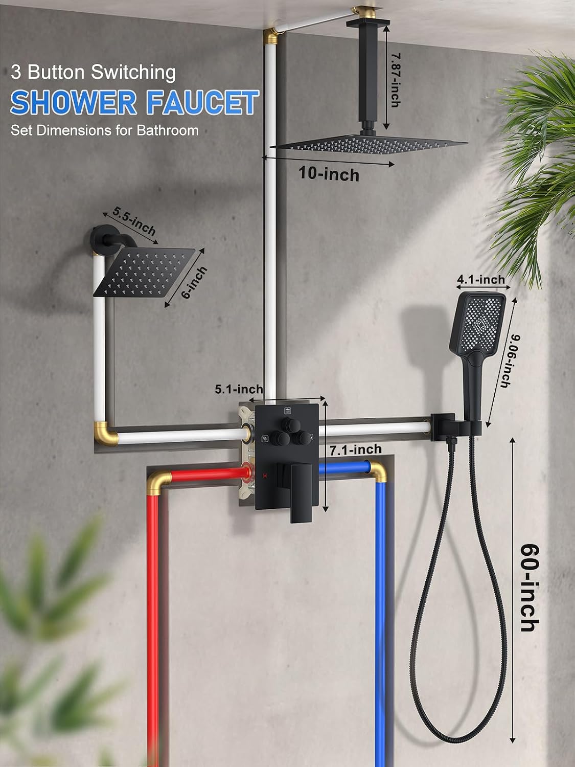 Woindo Shower Faucet Set, 10' Ceiling Mount Rainfall Shower System with 2 Rain Shower Head and Multi-function Handheld Head Push Button Diverter Shower Faucet Trim Kit