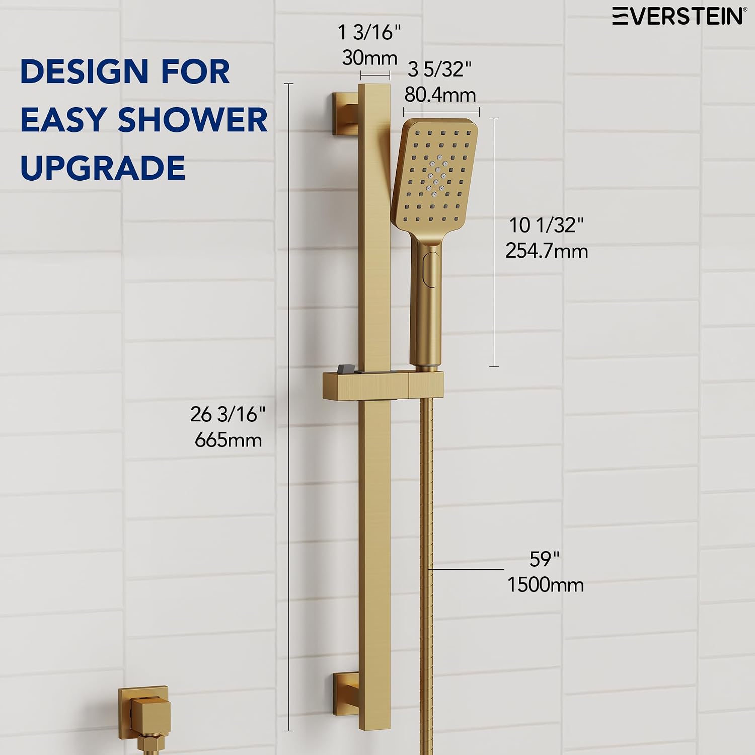 EVESTEIN Adjustable Hand Held Shower with Slide Bar, 3-Function Handshower Head with Hose, Brushed Gold