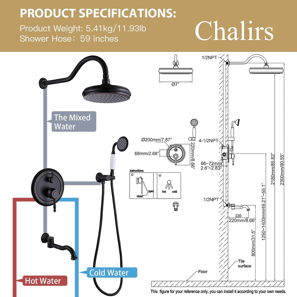 Rainfall Shower System with Handheld Sprayer,Oil Rubbed Bronze Antique Shower Faucet Sets,Shower Fixture Combo with Brass Pressure Balance Valve,Complete Shower Kit with Foldable Tub Spout