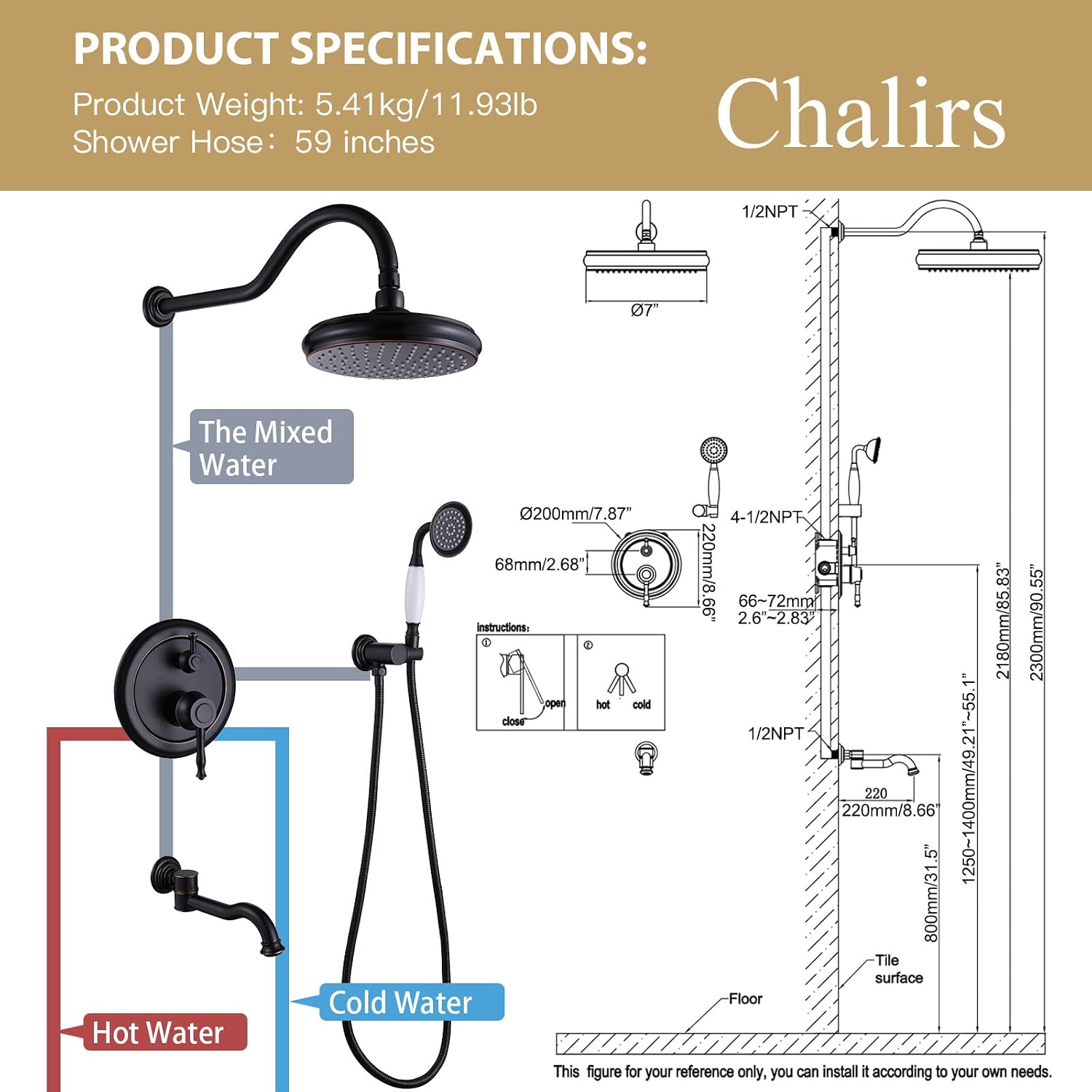 Rainfall Shower System with Handheld Sprayer,Oil Rubbed Bronze Antique Shower Faucet Sets,Shower Fixture Combo with Brass Pressure Balance Valve,Complete Shower Kit with Foldable Tub Spout