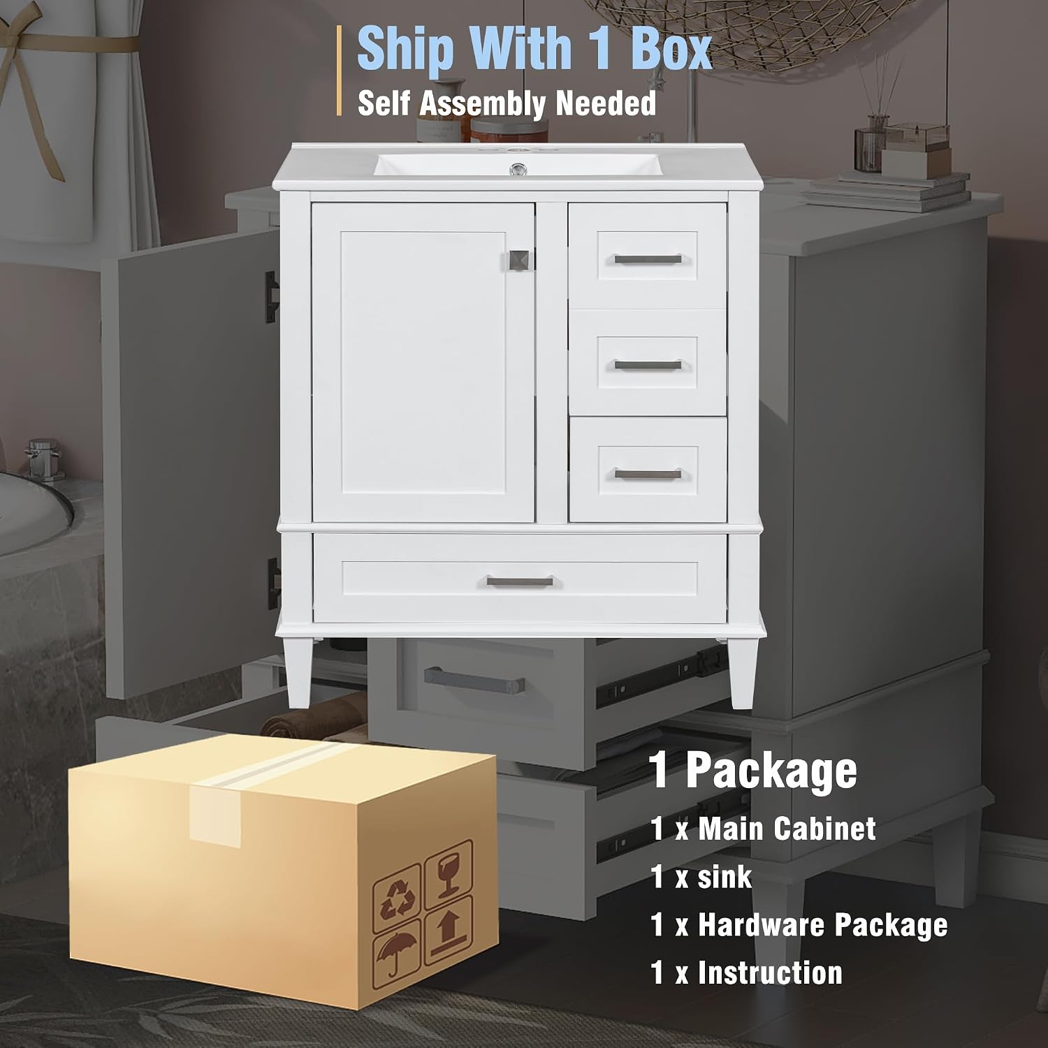 LUMISOL 30 Inch Bathroom Vanity with Sink, Wood Bathroom Storage Cabinet with Soft Closing Door and 3 Drawers, Freestanding Bathroom Vanities with Undermount Ceramic Sink, White