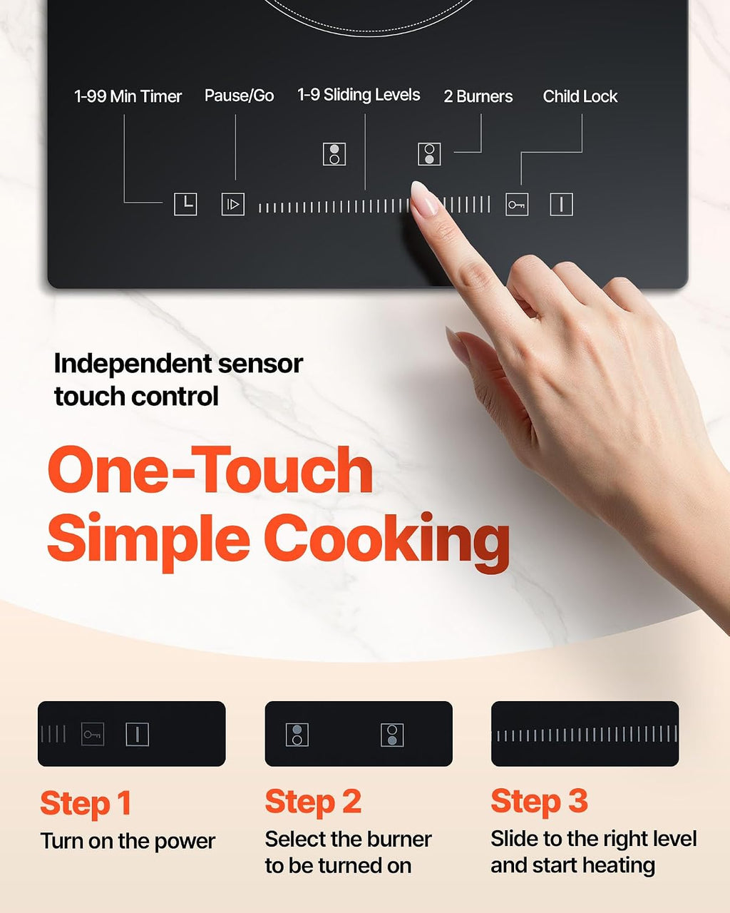 Happybuy 20x11.6 Inch Electric Stove Top, 2 Burners, 240V Glass Radiant Cooktop with Sensor Touch Control, Timer, Child Lock, 9 Power Levels for Frying, Simmering, Steaming