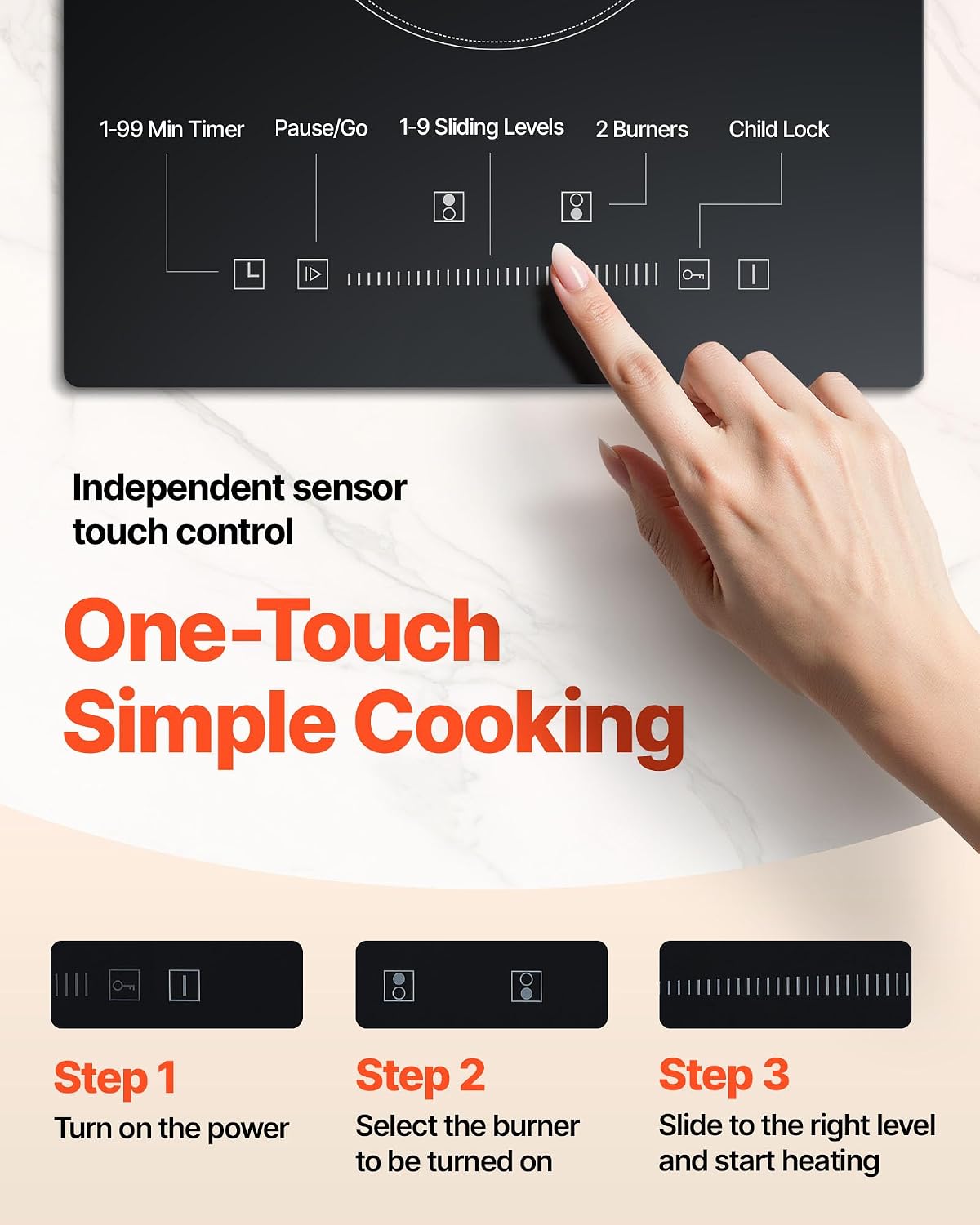 Happybuy 20x11.6 Inch Electric Stove Top, 2 Burners, 240V Glass Radiant Cooktop with Sensor Touch Control, Timer, Child Lock, 9 Power Levels for Frying, Simmering, Steaming