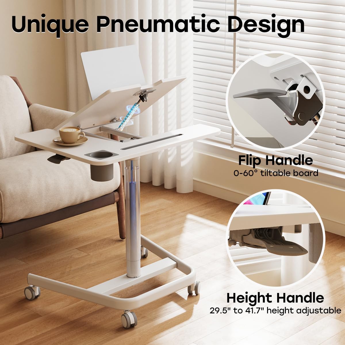 JOY worker Mobile Standing Desk, Height Adjustable Table, 60° Tiltable Rolling Laptop Desk, Portable Sit Stand Desk with Wheels Cup Holder for Bed Couch School, Holds Up to 22lbs, White