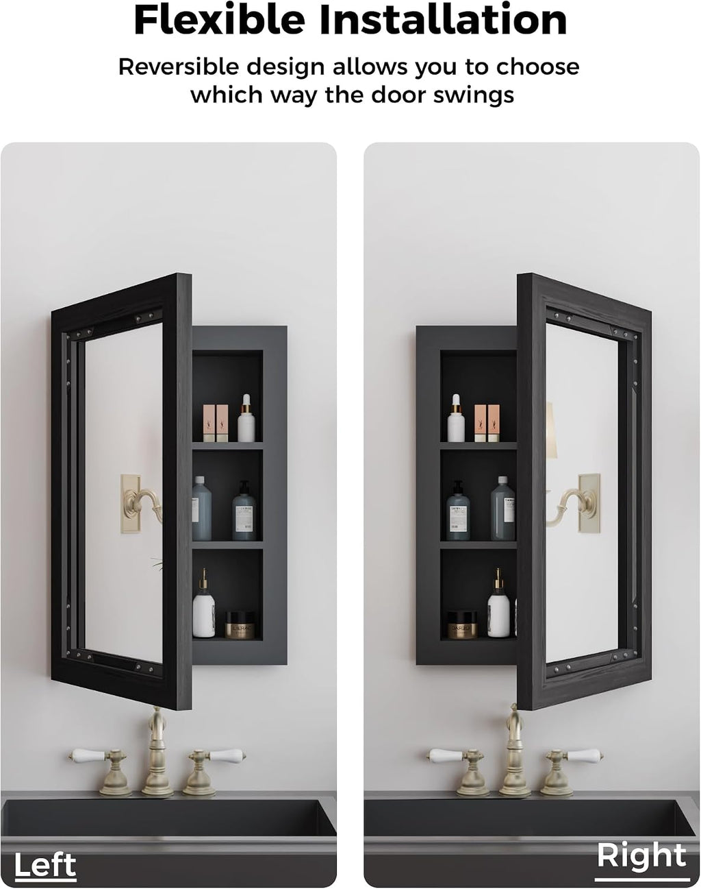 FLYJOE Medicine Cabinet Mirror 16x24 Inch Farmhouse Bathroom Mirror Door Solid Wood Storage Cabinet with Adjustable Shelves, Wall Mounted for Bathroom Living Room, Black