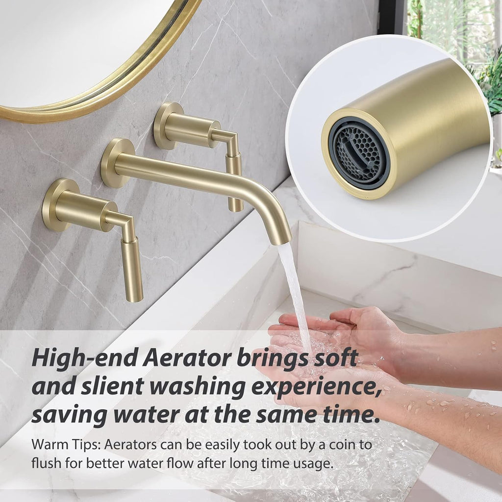 RBROHANT Gold Wall Mount Faucet with Pop up Drain Set for Sink Without Overflow, Brushed Gold Dual Handle Wall Mounted Bathroom Sink Faucet, Brass Rough-in Valve Included, RB0736D