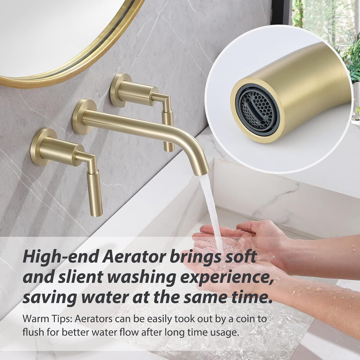 RBROHANT Gold Wall Mount Faucet with Pop up Drain Set for Sink Without Overflow, Brushed Gold Dual Handle Wall Mounted Bathroom Sink Faucet, Brass Rough-in Valve Included, RB0736D
