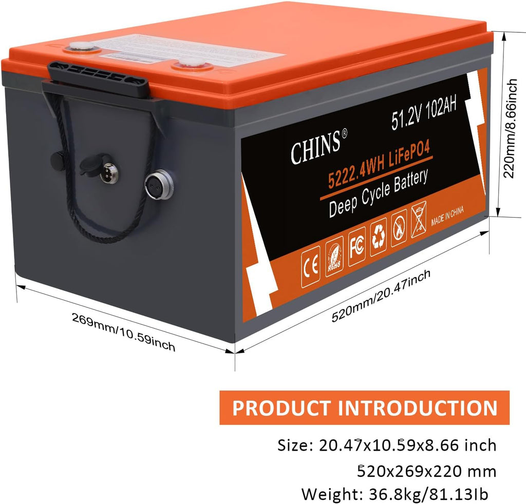 CHINS 48V Lithium Golf Cart Battery, 200A BMS, with Touch Monitor and Retention Strap, 5000+ Cycles 48V 102AH Lithium Battery with Charger Perfect for Golf Carts