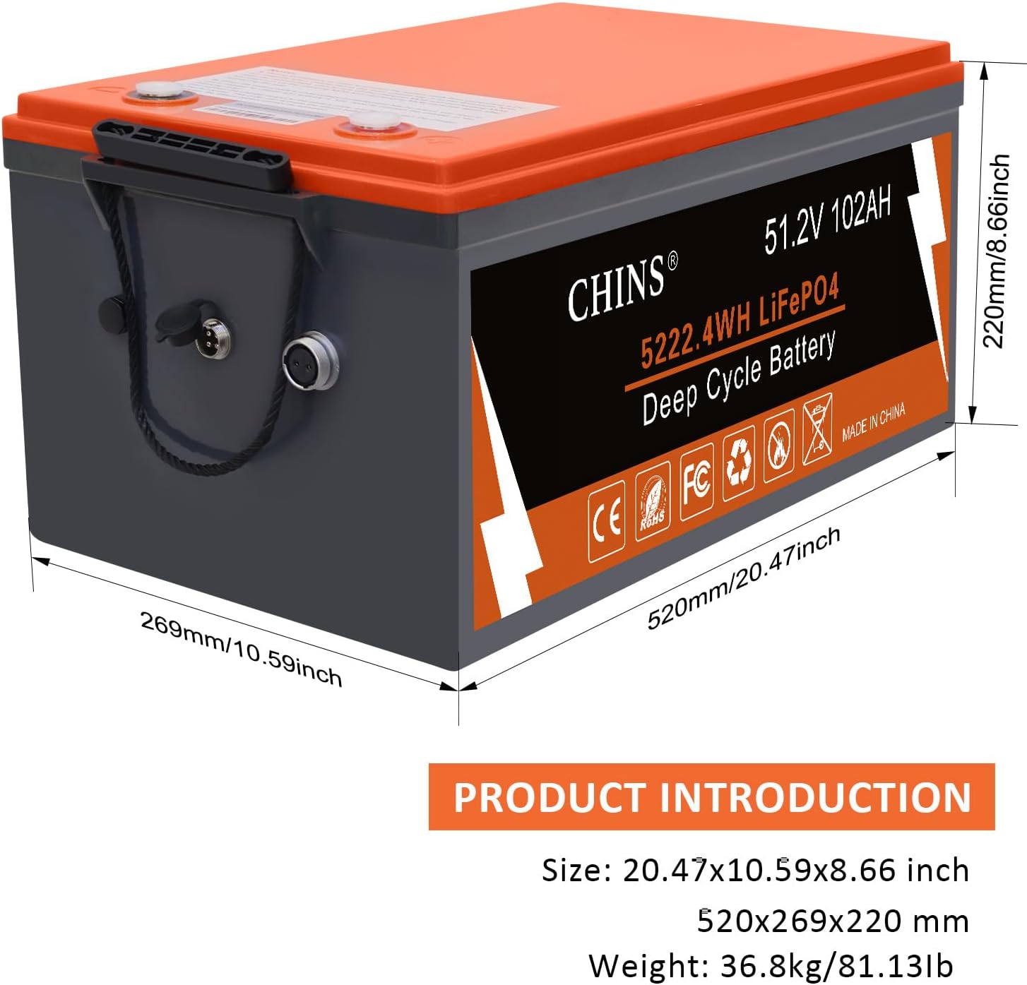 CHINS 48V Lithium Golf Cart Battery, 200A BMS, with Touch Monitor and Retention Strap, 5000+ Cycles 48V 102AH Lithium Battery with Charger Perfect for Golf Carts