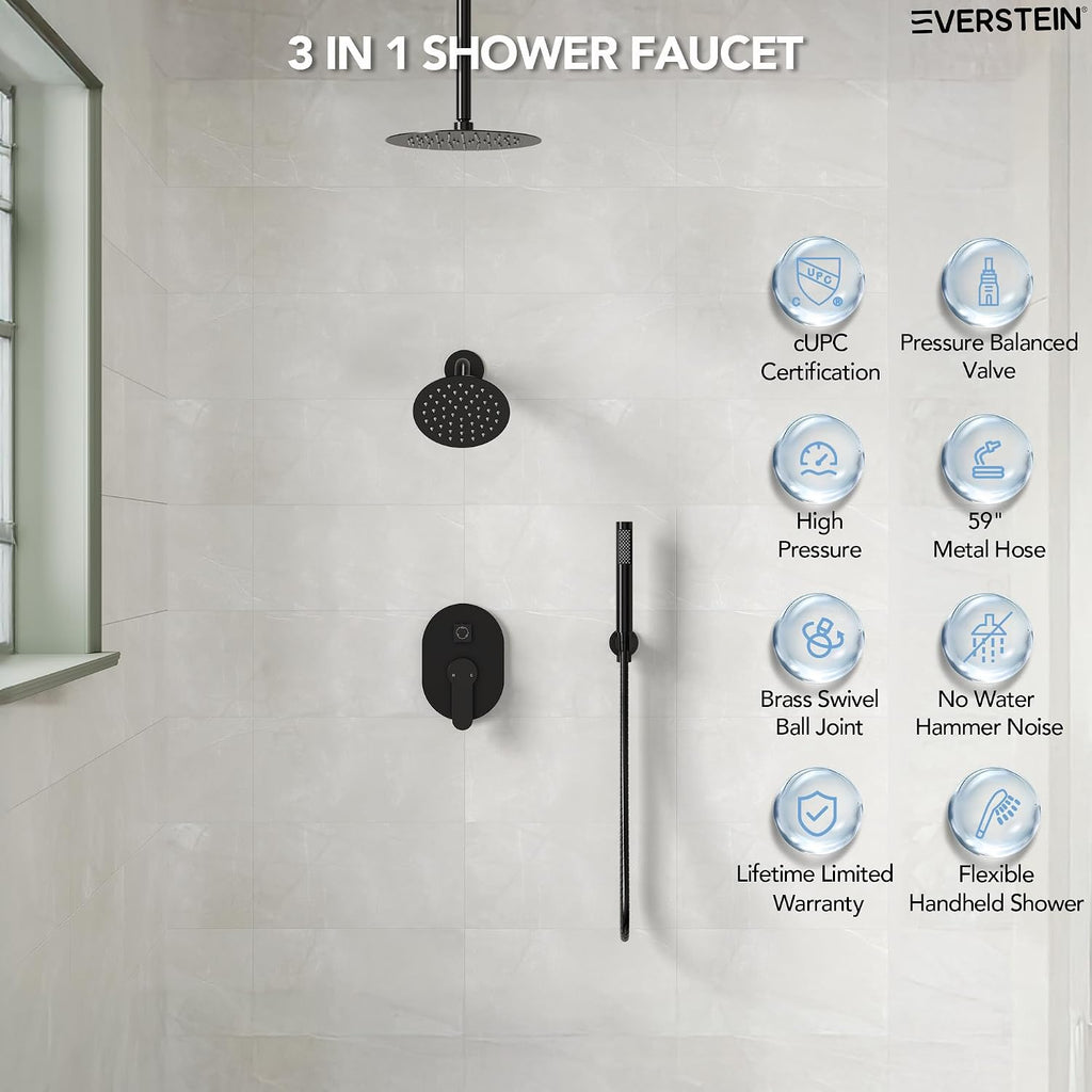 Ceiling Mount 10' High-Pressure Rainfall Shower Faucet, Dual Rainfall Shower Head System with Valve (Matte Black)