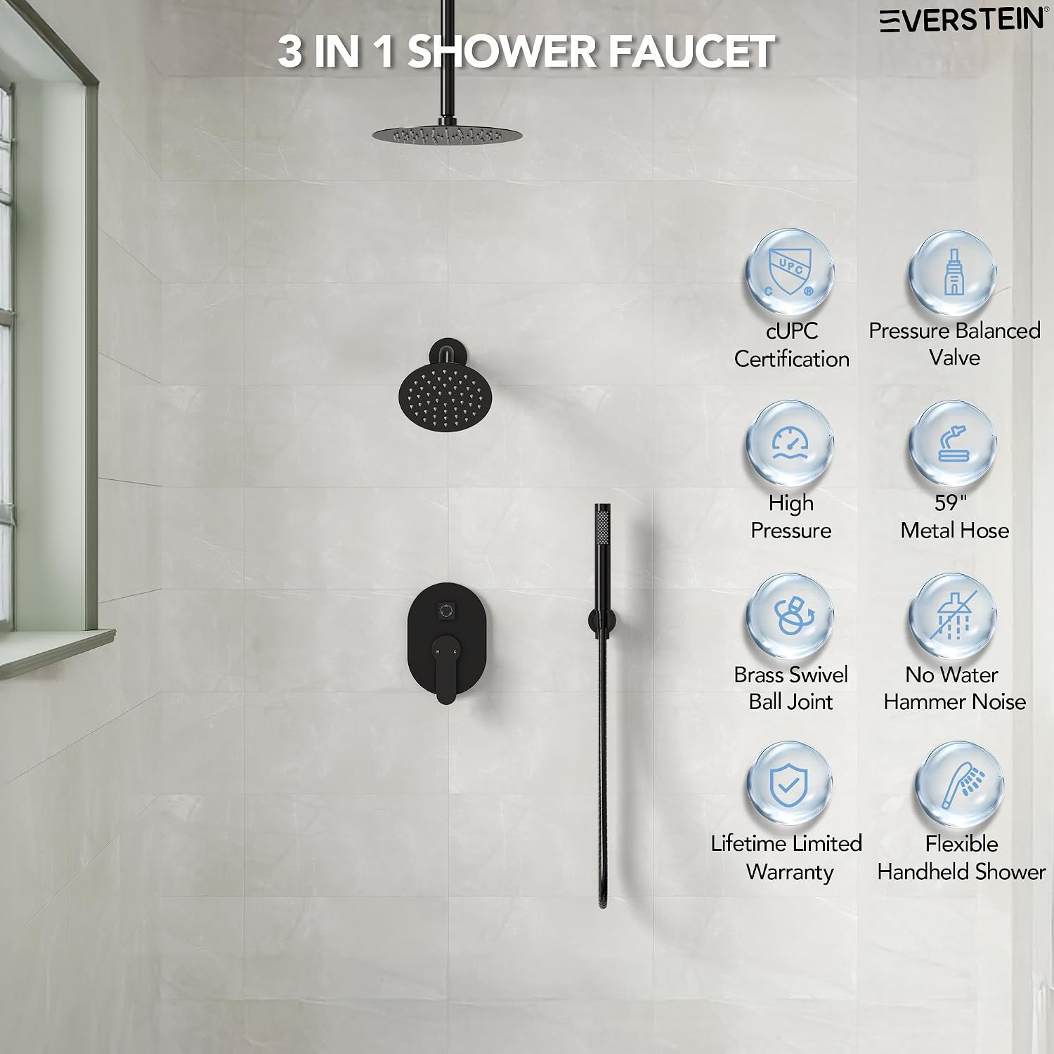 Ceiling Mount 10' High-Pressure Rainfall Shower Faucet, Dual Rainfall Shower Head System with Valve (Matte Black)