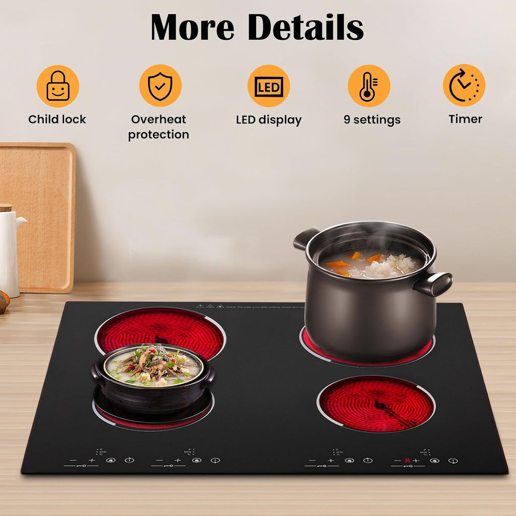 4 Burner Electric Cooktop 110v, 24 Inch Electric Stove Countertop & Built-in, Cooktop with 9 Power Levels, Sensor Touch Control, Safety Lock, Timer, 3000W, No Plug (4 Burners)