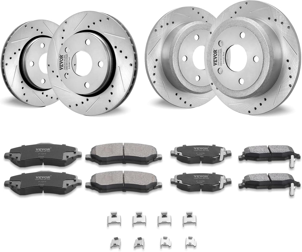 VEVOR Front and Rear Brake Kit Compatible with 2007-2017 Jeep Wrangler, Drilled and Slotted Brake Rotors Ceramic Brake Pads Replacement, 11.9' Front Rotors 12.4' Rear Rotors
