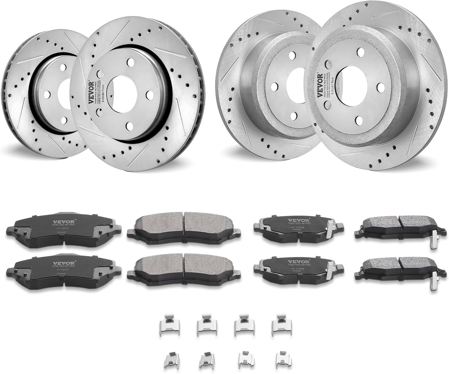 VEVOR Front and Rear Brake Kit Compatible with 2007-2017 Jeep Wrangler, Drilled and Slotted Brake Rotors Ceramic Brake Pads Replacement, 11.9' Front Rotors 12.4' Rear Rotors