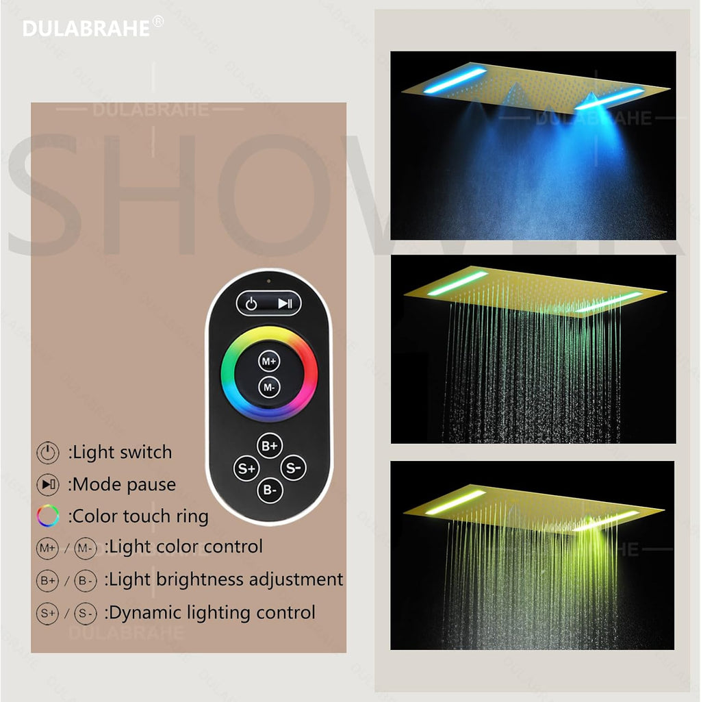Bathroom Brushed Gold Ceiling 20X14 Inch Rain Shower Head With LED Control Spa Bath Body Massage Combo Set Luxury Rainfall Shower System Fixtures