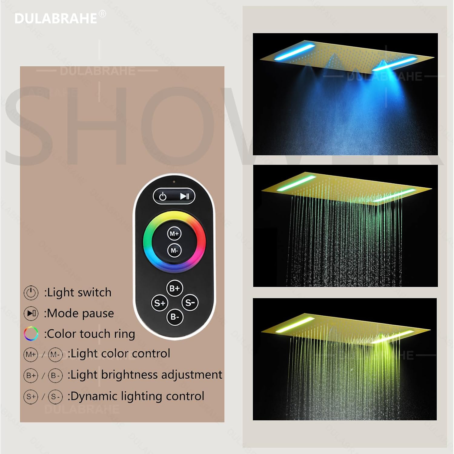 Bathroom Brushed Gold Ceiling 20X14 Inch Rain Shower Head With LED Control Spa Bath Body Massage Combo Set Luxury Rainfall Shower System Fixtures