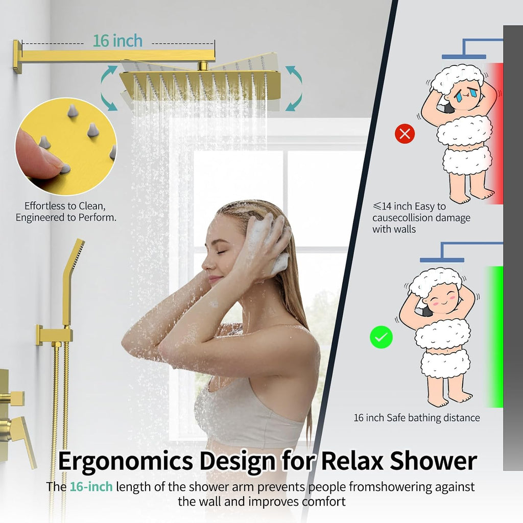 SR SUN RISE 12 Inches Bathroom Luxury Rain Mixer Shower Combo Set Wall Mounted Rainfall Shower Head System Brushed Nickel Finish Shower Faucet Rough-In (12 Inch, Brushed Gold)