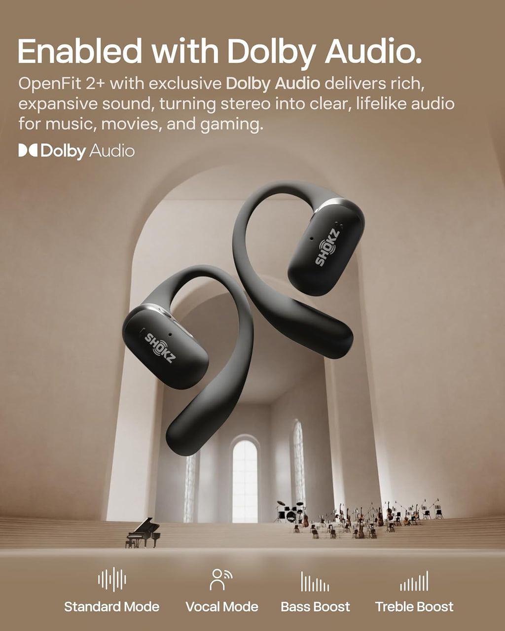 SHOKZ NEW OpenFit 2+ Open-Ear Headphones, Dolby Audio Enabled, Comfortable Earbuds with Soft Ear Hooks, 48H Playtime, IP55 Water-Resistant, USB-C Fast Charging, Wireless Charging, Carrying Bag, Black