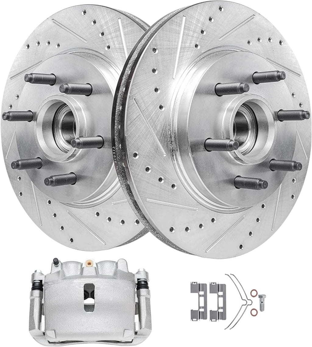 Detroit Axle - RWD Front Brake Kit for 2005-2008 Ford F-150 2006-2008 Lincoln Mark LT, 2007, Drilled & Slotted Brakes Rotors Disc Brake Caliper w/Bracket Replacement