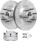Detroit Axle - RWD Front Brake Kit for 2005-2008 Ford F-150 2006-2008 Lincoln Mark LT, 2007, Drilled & Slotted Brakes Rotors Disc Brake Caliper w/Bracket Replacement
