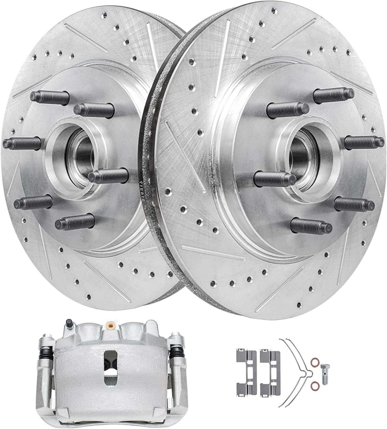 Detroit Axle - RWD Front Brake Kit for 2005-2008 Ford F-150 2006-2008 Lincoln Mark LT, 2007, Drilled & Slotted Brakes Rotors Disc Brake Caliper w/Bracket Replacement