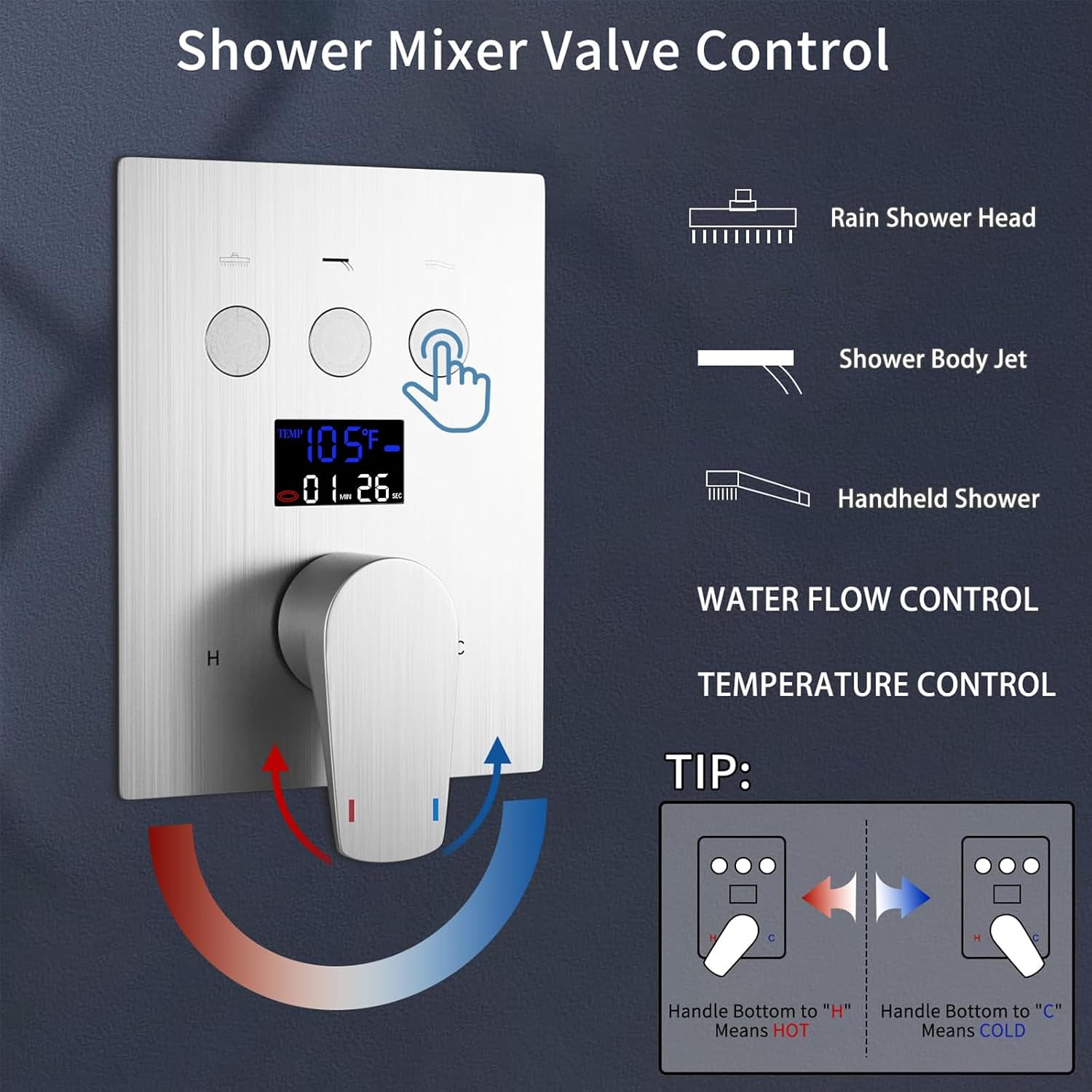 Digital Display Shower Faucet Set With 12 Inch Rainfall Shower Head,Brass Handheld Sprayer And 6pcs Body Jets,Full Body Shower System (Brushed Nickel)