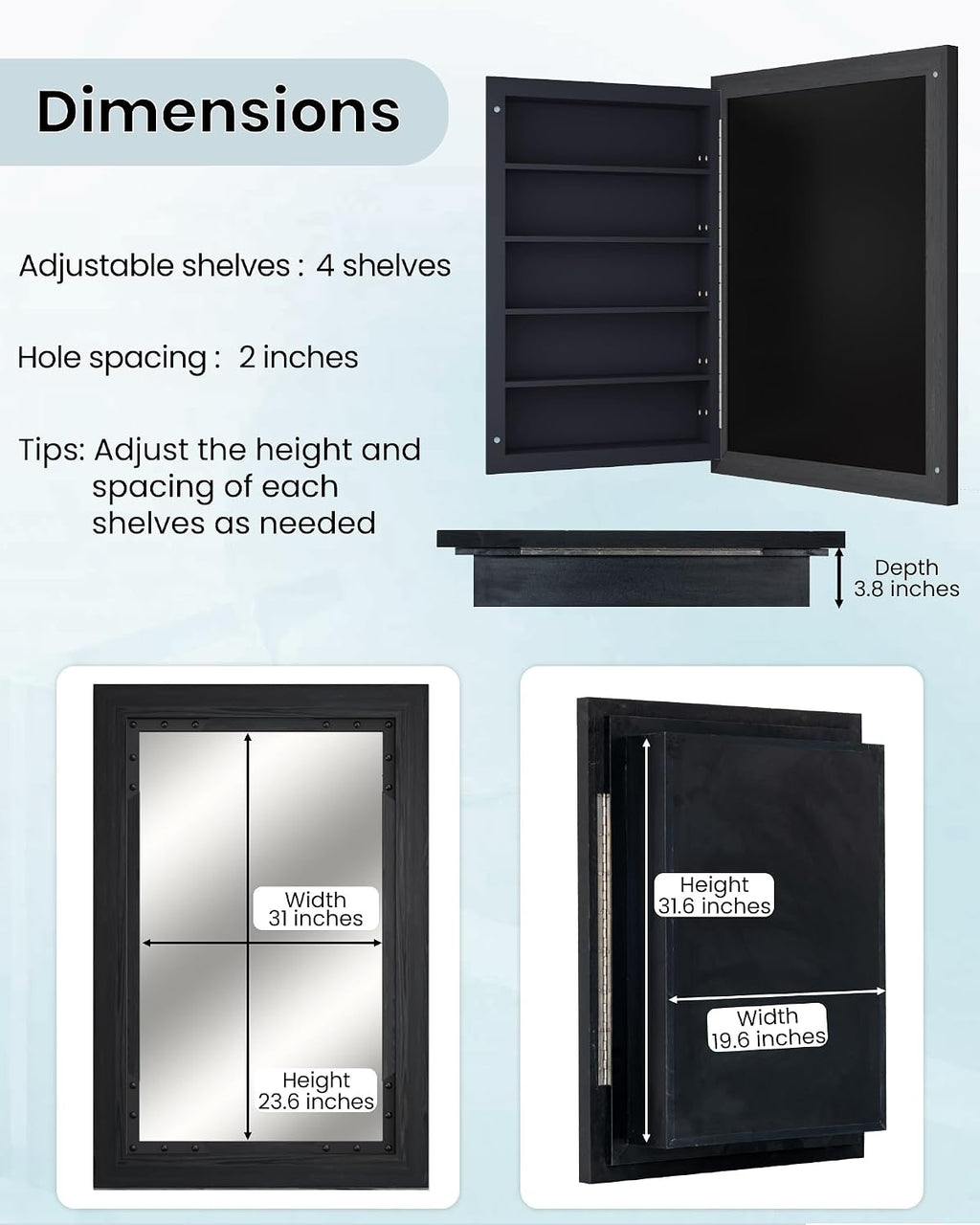 FLYJOE Medicine Cabinet Mirror 24 x 36 Inch Farmhouse Bathroom Mirror Door Solid Wood Storage Cabinet with Adjustable Shelves, Wall Mounted for Bathroom Living Room, Black