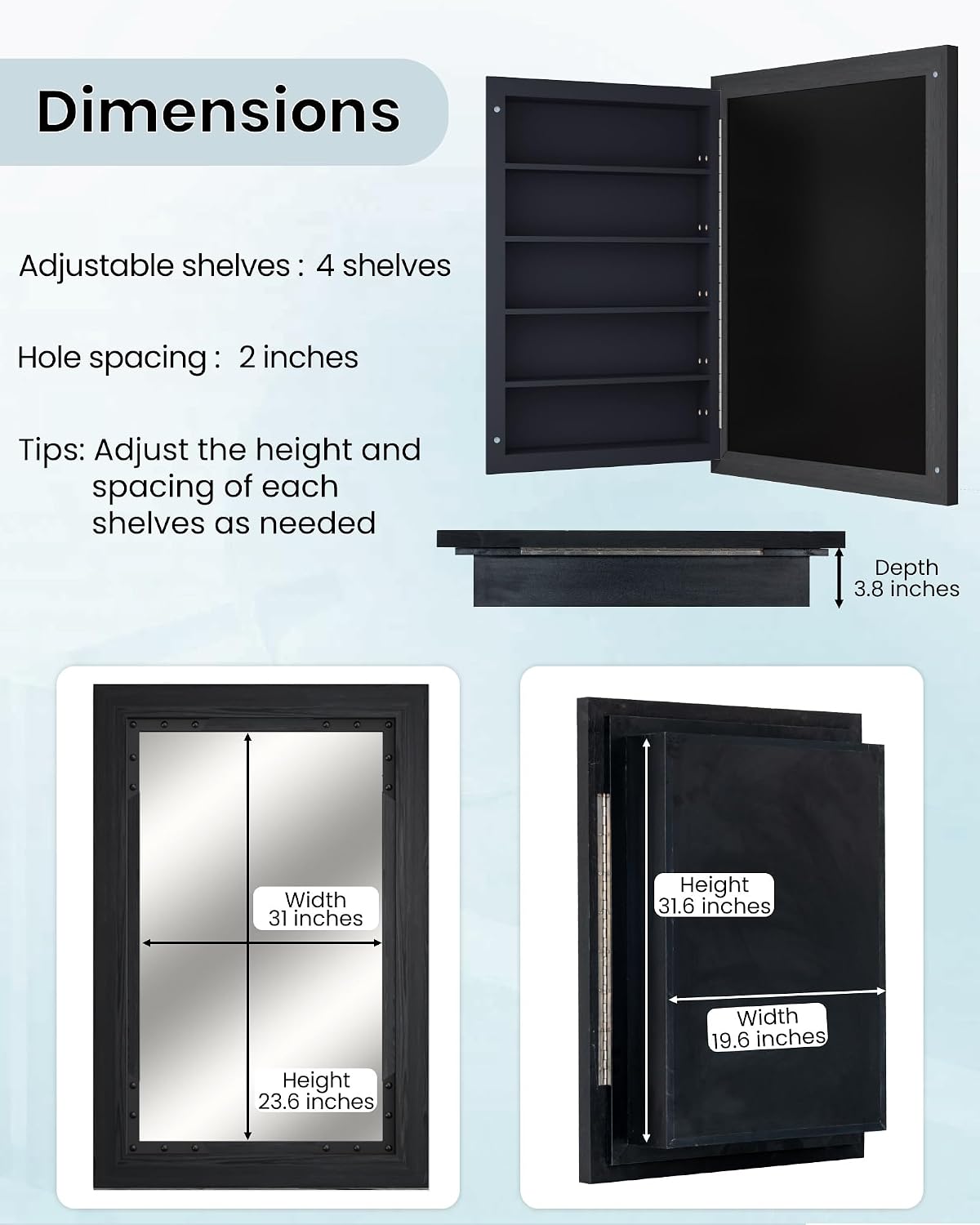 FLYJOE Medicine Cabinet Mirror 24 x 36 Inch Farmhouse Bathroom Mirror Door Solid Wood Storage Cabinet with Adjustable Shelves, Wall Mounted for Bathroom Living Room, Black