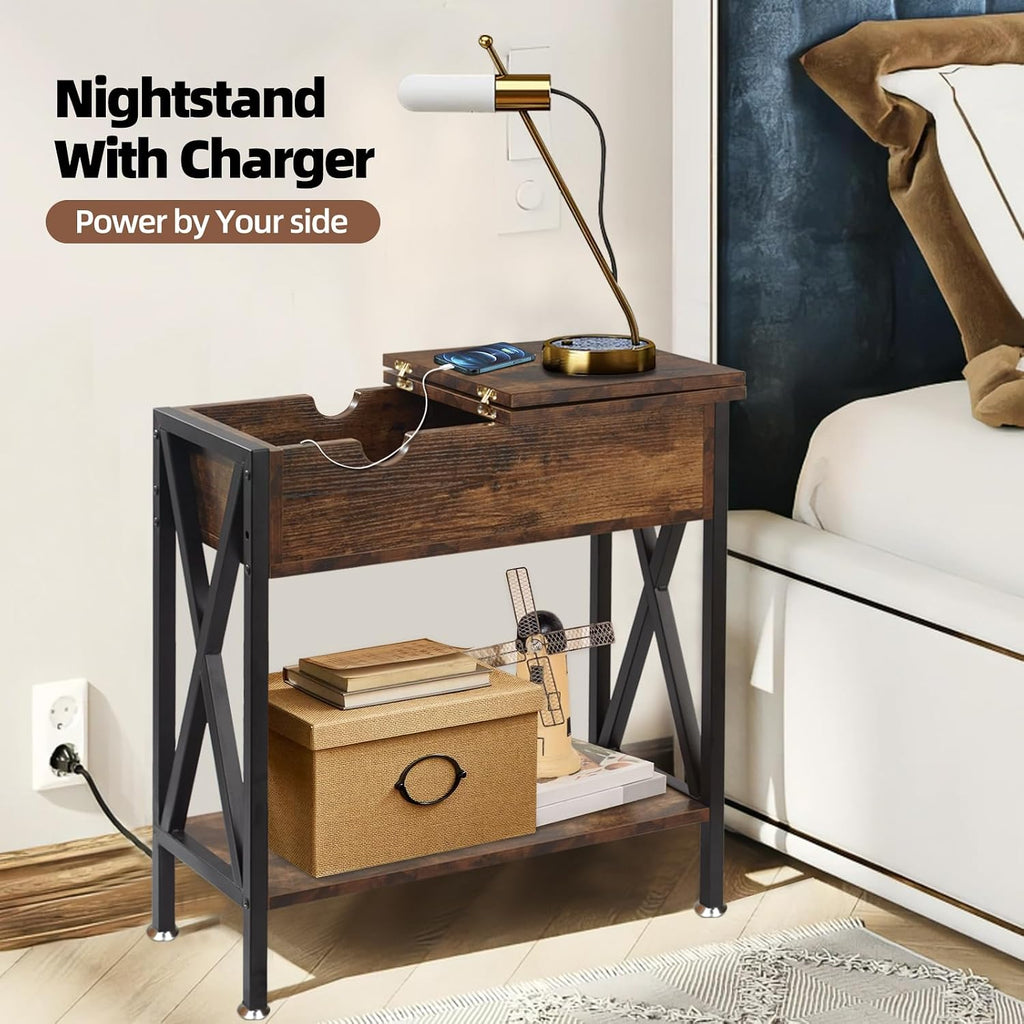 TooCust End Tables Living Room Set of 2, Narrow Side Table with Charging Station, 12' D x 24' W x 24' H, Flip Top End Table with USB Ports and Outlets, Couch End Tables Set of 2, Steel X-Shaped Frame
