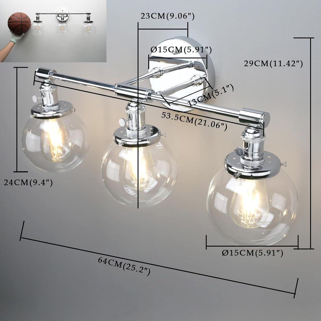 Phansthy 3-Light Wall Sconces Antique Brass Vanity Light, Industrial Wall Lamps with On Off Switch and Clear Glass Lampshade, Vintage Wall Lighting for Bathroom Living Room (Chrome, Globe Shade)