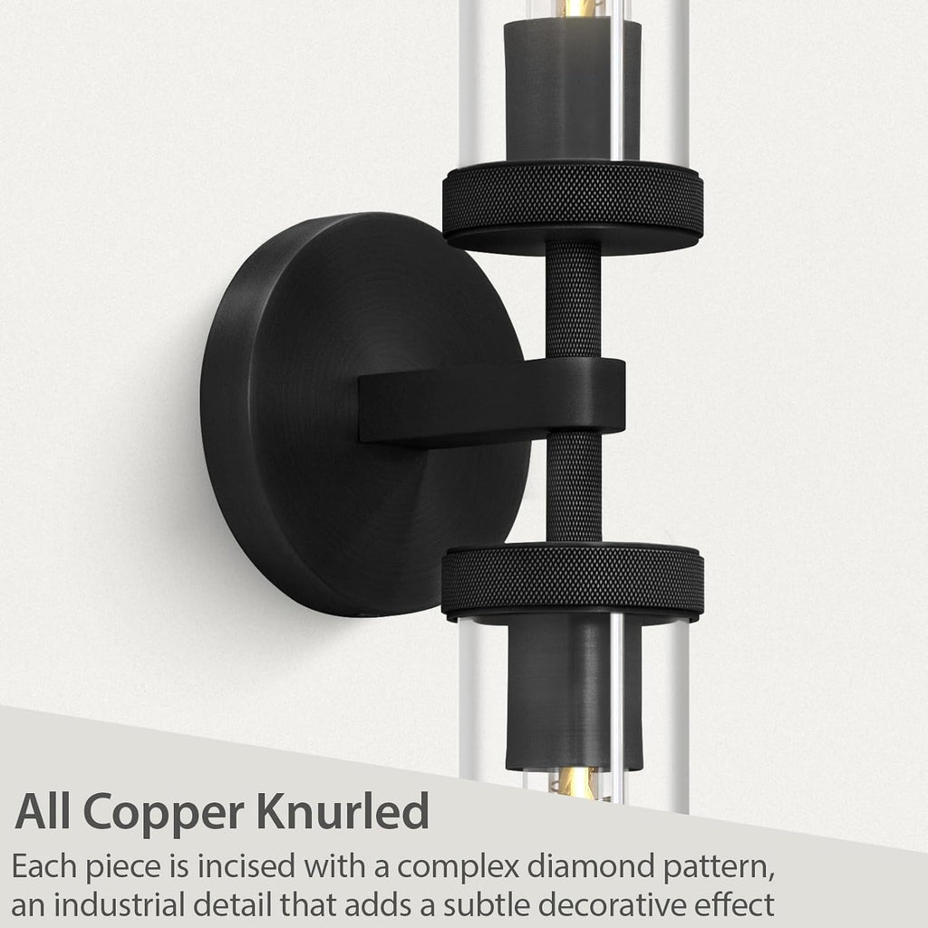 Black Bathroom Vanity Wall Sconces 2-Light Glass Tube Wall Sconce 21in Horizontal or Vertical Linear Wall Sconces Black Vanity Light Indoor Wall Sconce E26 Bulb Included