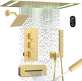 Brushed Gold Dual Heads Shower Faucets Set Thermostatic Shower System, 4-Way Luxury Shower Fixture 14X20' LED Rainfall Shower Head with 6inch Wall Showerhead, Waterfall Tub Spout, Dual-mode Handheld