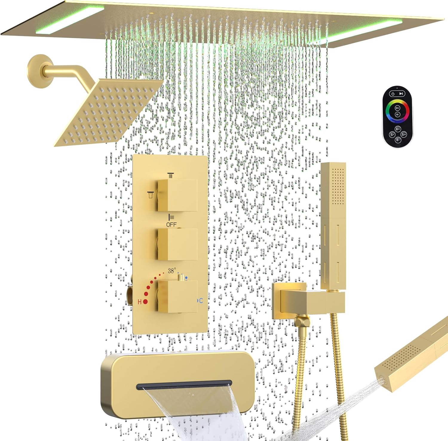 Brushed Gold Dual Heads Shower Faucets Set Thermostatic Shower System, 4-Way Luxury Shower Fixture 14X20' LED Rainfall Shower Head with 6inch Wall Showerhead, Waterfall Tub Spout, Dual-mode Handheld