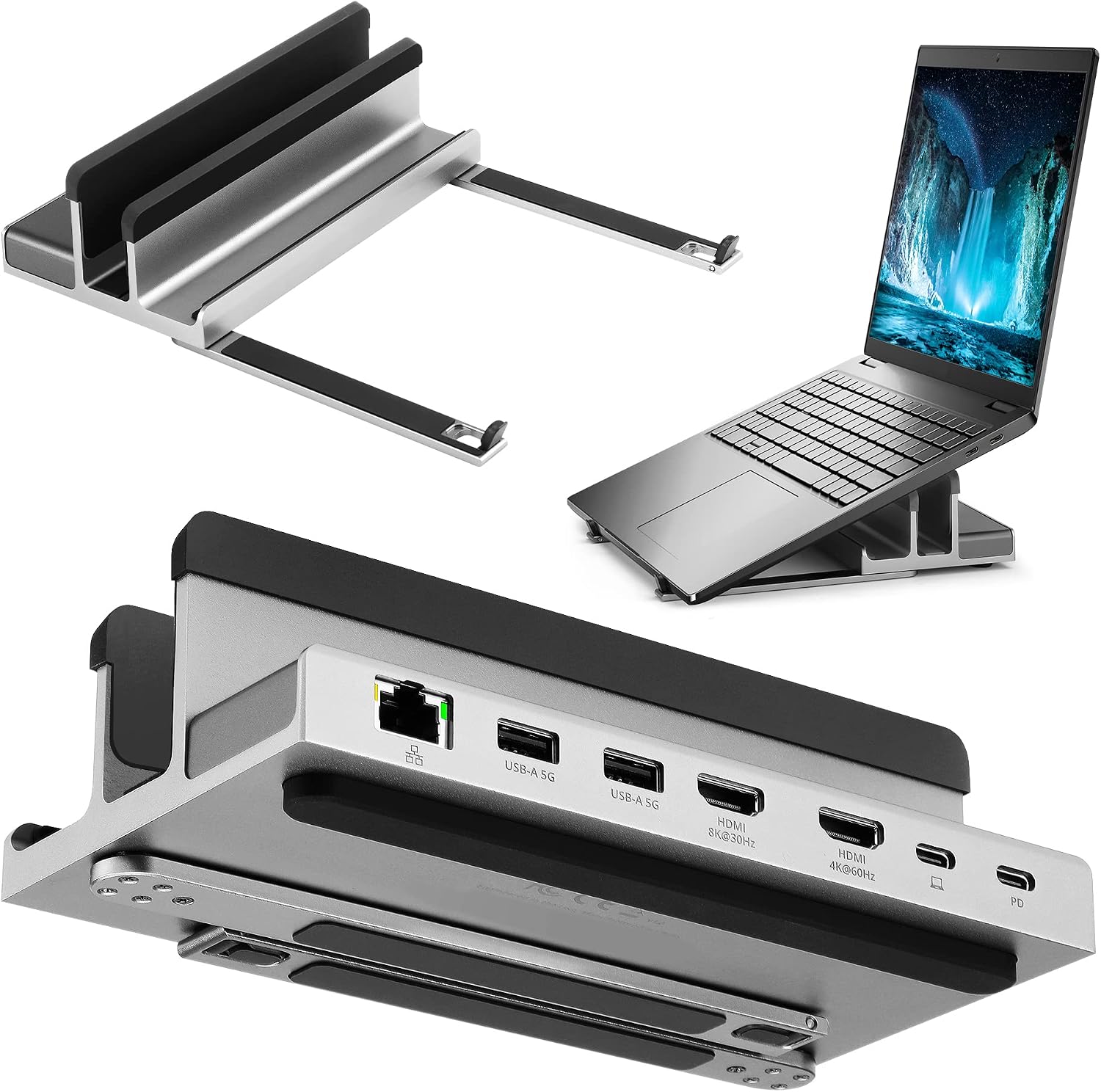 7 Port USB-C 14' Laptop Stand with Dual Display Docking Station, Tablet Holder Hub, Vertical Storage Desk Organizer/HDMI 8K30Hz, USB-A 5Gbps, Ethernet 1Gbps, 100W Power Delivery, Space Gray