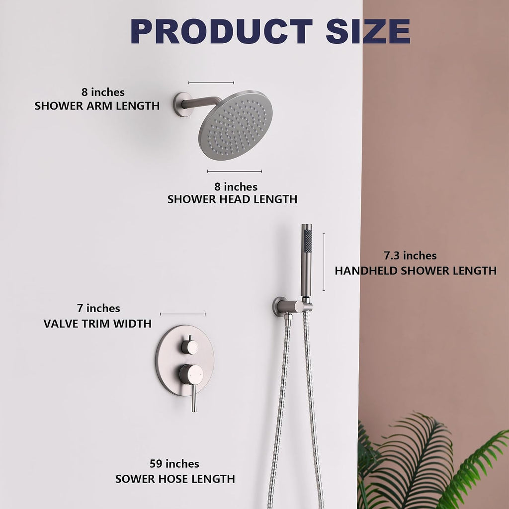 Shower System, Shower Faucet Set, 8' Rainfall Shower Head and Handheld Spray Combo, Round Shower Head and Handle Set with Valve and Trim Kit, Brushed Nickel