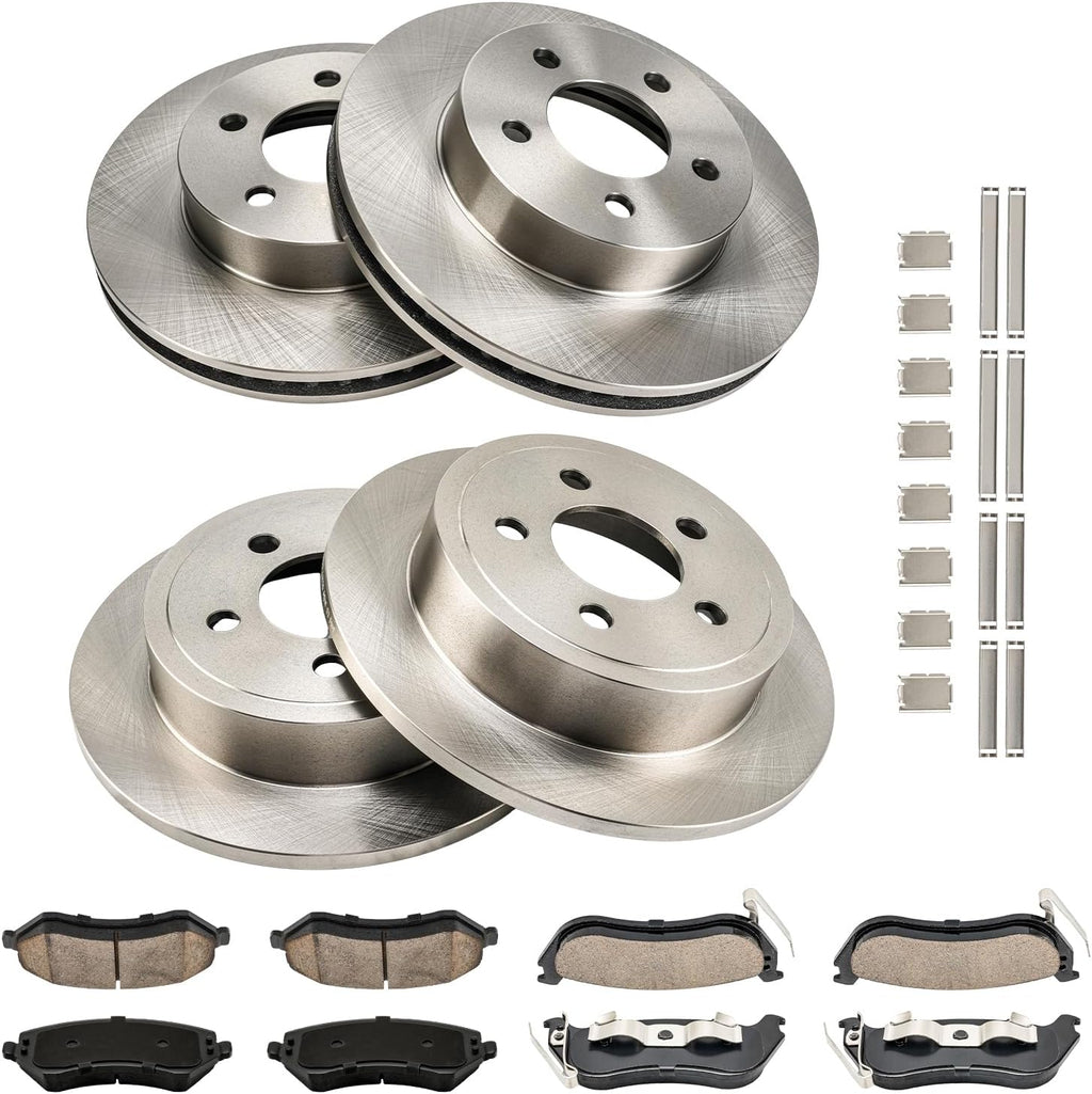 KAX Front and Rear Brakes and Rotors Kit for Jeep Liberty 2003-2007, Smooth Vented/Solid Disc Brake Rotor Ceramic Brake Pads (#53001+D856+53010+D981 Front 11.34inch, Rear 11.22inch)