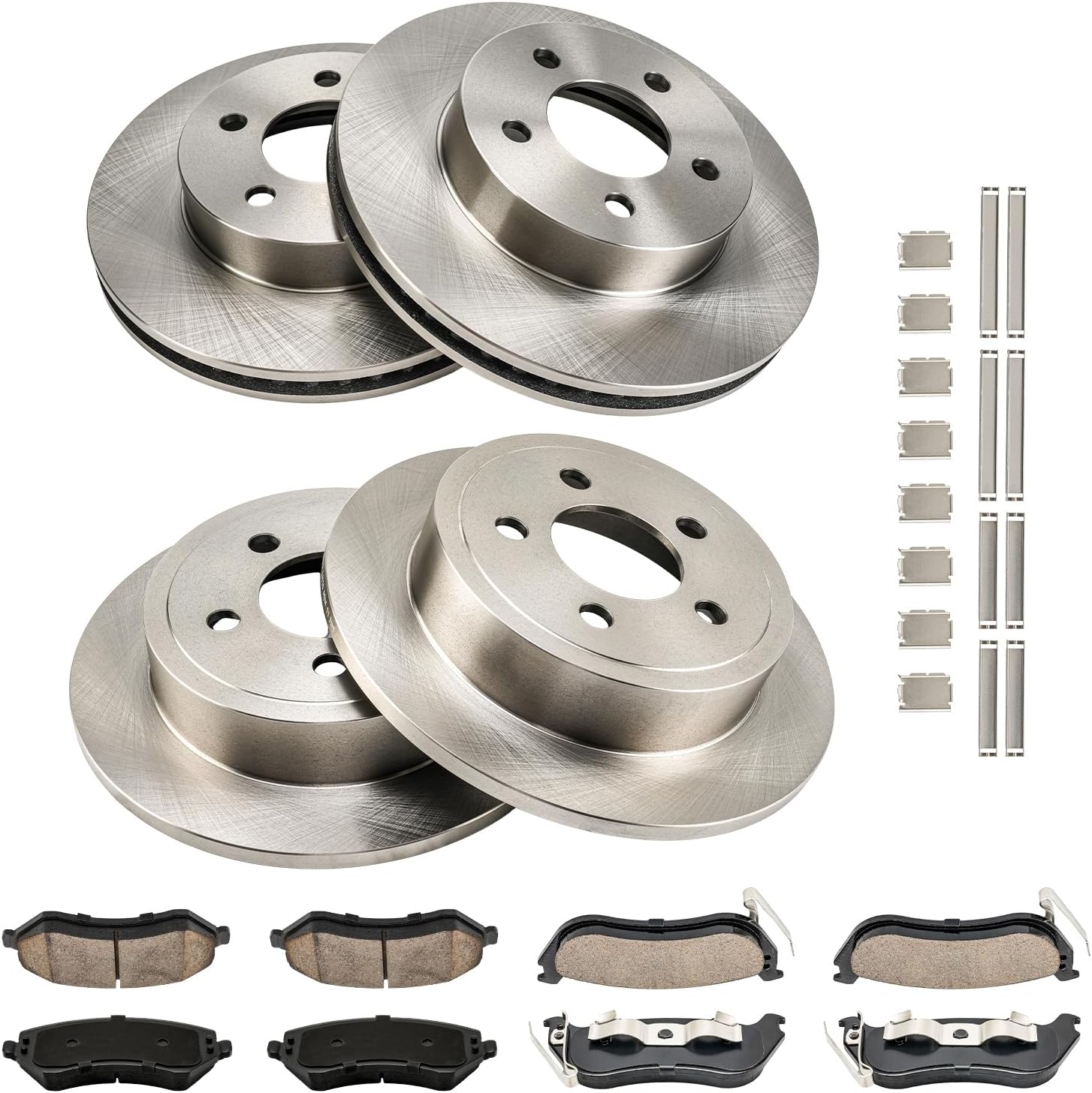 KAX Front and Rear Brakes and Rotors Kit for Jeep Liberty 2003-2007, Smooth Vented/Solid Disc Brake Rotor Ceramic Brake Pads (#53001+D856+53010+D981 Front 11.34inch, Rear 11.22inch)