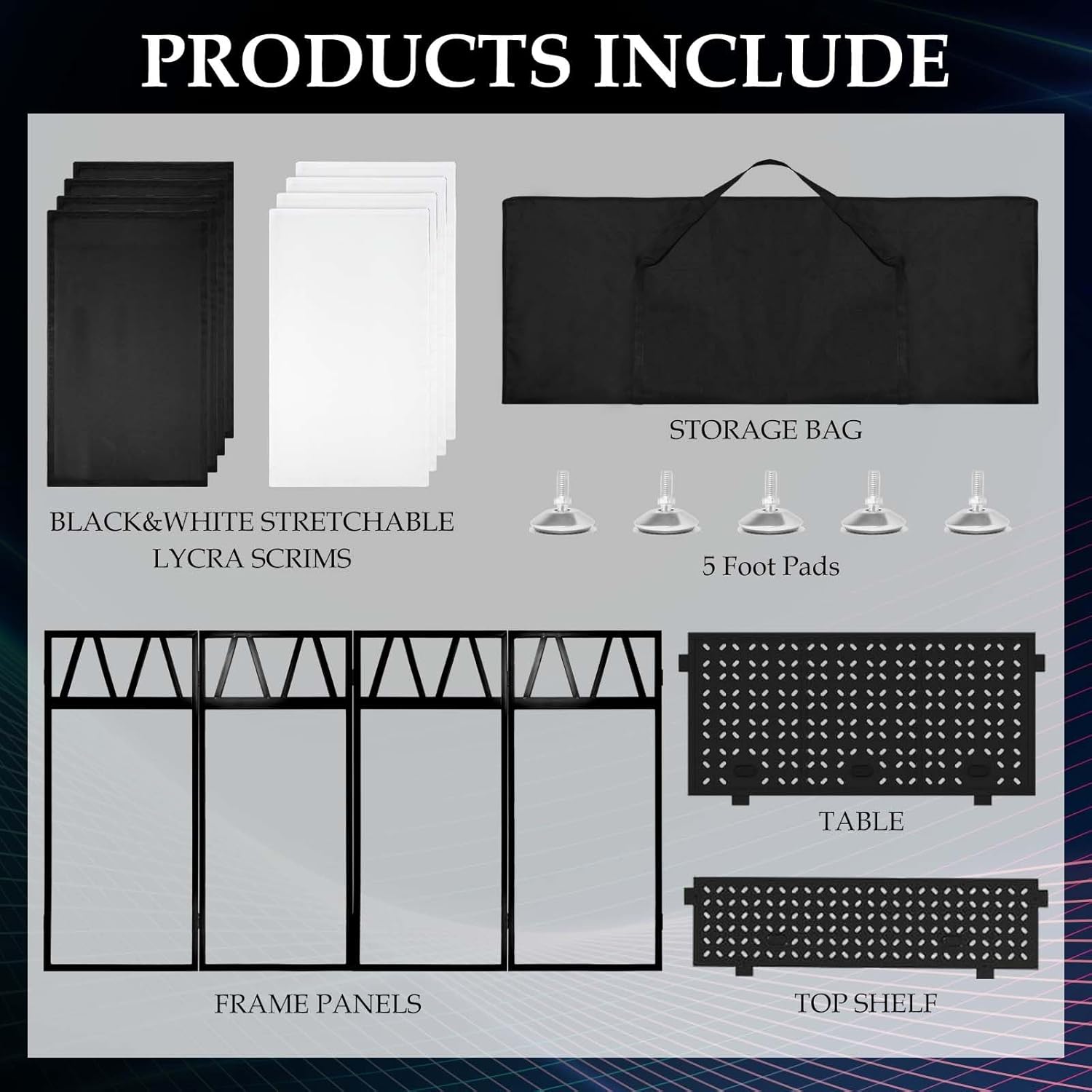 Portable DJ Booth Facade Stand, Foldable DJ Table 40' x 20' x 45' Tabletop, DJ Facade Station for DJ Controller, Mixer & LaptopEvents&Parties – Includes Carry Bag&Two Metal Corner Tables.