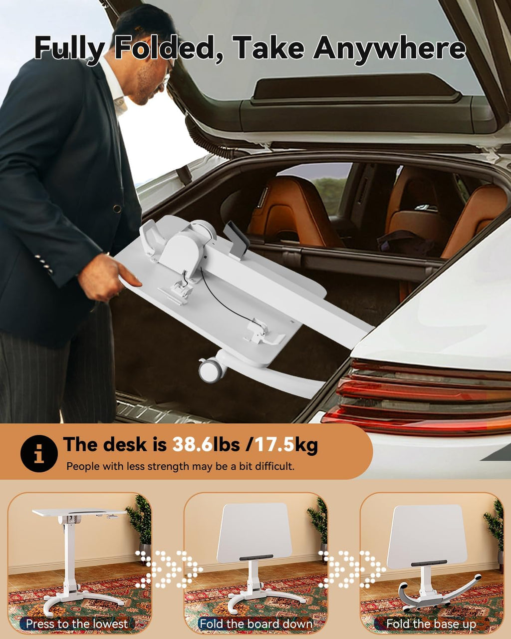 JOY worker Foldable Mobile Standing Desk, Upgraded Height Adjustable Rolling Desk, Max Height 47.6', 90° Tiltable Board & Base, Portable Workstation with Moveable Wheels, Holds Up to 22lbs, White